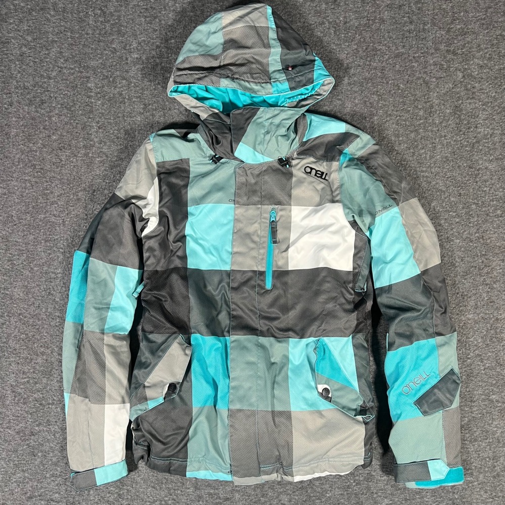 Vintage O'Neill Escape Series Snowboard Jacket Turquoise Grey Block Pattern S